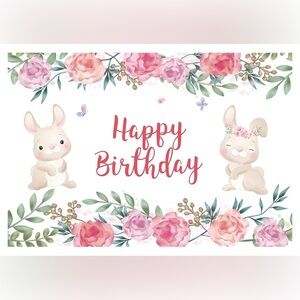 Bunny Birthday Backdrop 8 x 10,Watercolor Floral Butterfly Rabbits Photography
